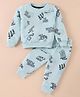 Evimo Looper Cotton Knit Full Sleeves T-Shirt & Lounge Pants Co-Ord Set With Text Print - Light Blue