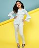 ISHTI Half Layered Bell Sleeves Ribbed & Frill Detailed Solid Top & Pant Set - Sky Blue