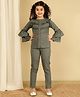 ISHTI Half Layered Bell Sleeves Ribbed & Frill Detailed Solid Top & Pant Set - Grey