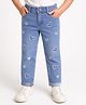 Babyhug Full Length Washed Denim Jeans with Hearts Embroidery & Stretch - Blue