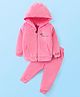 Babyhug Velour Woven Full Sleeves Hooded Front Zipper Winter Wear Suit With Text Print - Light Pink