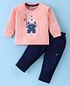 Be Baby Cotton Knit Raglan Sleeves T-Shirt & Lounge Pants Set With Bear Print - Baby Pink & Indigo