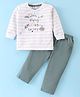 Be Baby Cotton Knit Full Sleeves Striped T-Shirt & Lounge Pants Set With Text Print - Light Grey & Olive