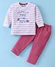 Be Baby Cotton Knit Full Sleeves Striped T-Shirt & Lounge Pants Set With Text Print - Light Grey & Dark Pink