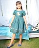 Tiny Twills Half Sleeves Dinosaur & Floral Embroidered Dress - Pine Green