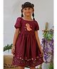 Tiny Twills Half Sleeves Dinosaur & Floral Embroidered Dress - Maroon