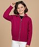 Pine Kids Knitted Full Raglan Sleeves Collar Neck Front Open Sweater With Cable Knit Design - Dark Pink