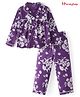 Honeyhap Premium 100% Cotton Knit Full Sleeves Front Open Collared Night Suit with Bio Finish Floral Print - Pansy Violet