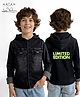 Arias Woven Full Sleeves Hooded Denim Jacket With Text Print - Black