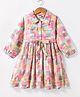 Twetoons Woven Full Sleeves Printed Collared Shirt Frock With Bow Applique - Pink