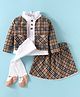 ToffyHouse Jacquard Woven Full Sleeves Checkered Top & Skirt Set With Jacket & Stockings - Tan