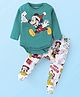 Babyhug Disney Lycra Knit Full Sleeves Onesie with Footed Lounge Pant & Mickey Mouse Graphics - Green & White