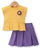 Enfance Core Half Sleeves Floral Applique Top With Pleated Skirt - Lavender & Gold