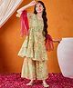 Cherry & Jerry Three Fourth Sleeves Lace Embellished & Floral Printed Coordinating Kurta Sharara With Dupatta - Green