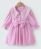 Kookie Kids Full Sleeves Striped Designed Frock with Bow Applique & Lace Detailing - Pink