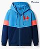 Honeyhap Premium 100% Cotton Knit Full Sleeves Hooded Sweatjacket With Bio Finish & Text Embroidery - French Blue Navy Peony & Dragon Fire