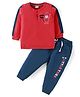 Kookie Kids Terry Knit Full Sleeves Winter Wear T-Shirt & Lounge Pant Set With Animal Print & Cut & Sew Design - Red & Blue