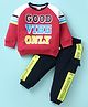 Kookie Kids Raglan Full Sleeves Winter Wear Text Print Sweatshirt & Lounge Pant Set - Red & Black