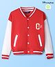 Honeyhap 100% Cotton Knitted Full Sleeves Drop Shoulder Bomber Jacket With Text Print - High Risk Red & Antique White