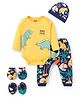 Babyhug 100% Cotton Knit Full Sleeves Dino Printed Onesies with Leggings  & Cap Pair of Mitten Booties - Yellow & Navy Blue
