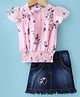 Enfance Half Sleeves Floral Printed Top With Denim Skirt - Pink