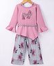 Enfance Full Sleeves Typography Embroidered Floral Applique Top With Palazzo - Pink