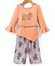 Enfance Full Sleeves Typography Embroidered Floral Applique Top With Palazzo - Peach