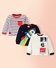Mini Donuts Sinker Knit Full Sleeves T-Shirt with Striped & Rocket Print Pack of 3 - Navy Blue & White