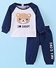 Doodle Poodle Cotton Knit Raglan Sleeves T-Shirt & Lounge Pants Set With Teddy Applique - White & Navy Peony