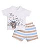 BABY GO Cotton Half Sleeves Animals Printed Polo Tee With Striped Shorts Set - Beige