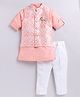 LITTLE COLLARS Full Sleeves Gota Lace Embellished Kurta With Floral Embroidered Jacket & Solid Pyjama - Peach