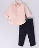 LITTLE COLLARS Full Sleeves Checked Shirt With Pant & Belt Set - Peach