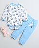 BUMZEE Cotton Full Sleeves Animal & Vehicle Printed Onesie & Pyjama Set - Blue & White