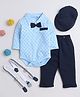 BUMZEE Cotton Full Sleeves Motif Printed Onesie With Solid Pant Cap & Suspender Set - Sky Blue & Navy