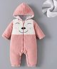 Kookie Kids Full Sleeves Hooded Winter Wear Fur Romper with Animal Embroidery Detailing - Pink