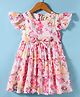 Dew Drops Cotton Woven Frill Sleeves Frock With Floral Print & Bow Applique - Pink