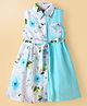 Dew Drops Linen Woven Sleeveless Collared Floral Printed Frock - Light Blue & White