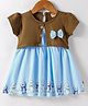 Dew Drops Cotton Woven Half Sleeves Frock With Teddy Bear Print & Bow Applique - Light Blue