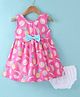 Dew Drops Poplin Woven Sleeveless Frock with Bloomer Fruit Print & Bow Applique - Pink