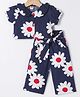 Dew Drop Poplin Woven Half Sleeves Peter Pan Collared Floral Printed Top & Culottes Co-Ord Set With Knot Applique - Navy Blue