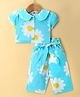 Dew Drops Poplin Woven Half Sleeves Peter Pan Collared Floral Printed Top & Capri Co-Ord Set With Knot Applique - Aqua