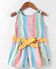 Dew Drops Cotton Knit Sleeveless Striped Jumpsuit with Fabric Belt - Light Blue