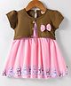 Dew Drops Cotton Woven Half Sleeves Frock With Teddy Bear Print & Bow Applique - Pink