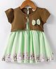 Dew Drops Cotton Woven Half Sleeves Frock With Teddy Bear Print & Bow Applique - Light Green
