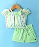 Dew Drops Linen Woven Printed Off Shoulder Sleeves Top & Shorts Set With Bow Applique - Light Green