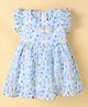 Dew Drops Chiffon Woven Frill Sleeves Checkered Frock With Bow Applique - Sky Blue & Lemon