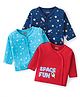 Babyhug 100% Cotton Antibacterial Front Open Vest With Space Theme Print Pack of 3 - Blue & Red