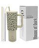 House of Quirk 1200ml Stainless Steel Tumbler Hot and Cold with Handle and Lid 2 Straw -Beige Leopard