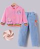 Kookie Kids Full Sleeves Winter Wear Bomber Jacket & Jeans Set With Text & Rainbow Embroidery - Pink & Blue