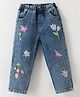 Kookie Kids Full Length Denim Jeans With Floral Embroidery - Blue